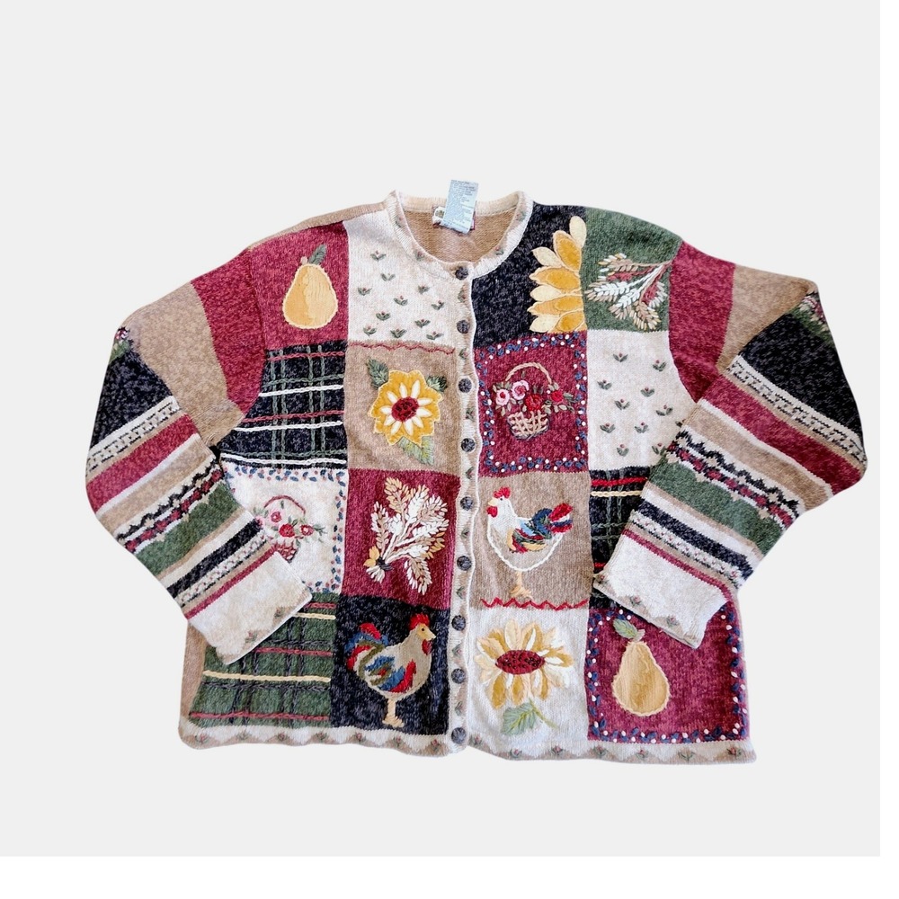 Tiara International Cardigan Sweater Womens XL Tan Patchwork Rooster Embroidered